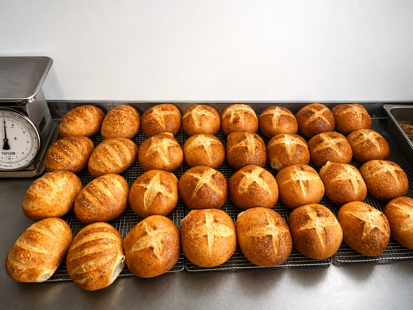 Sourdough recién horneado, hogazas redondas con harina y cortes en X