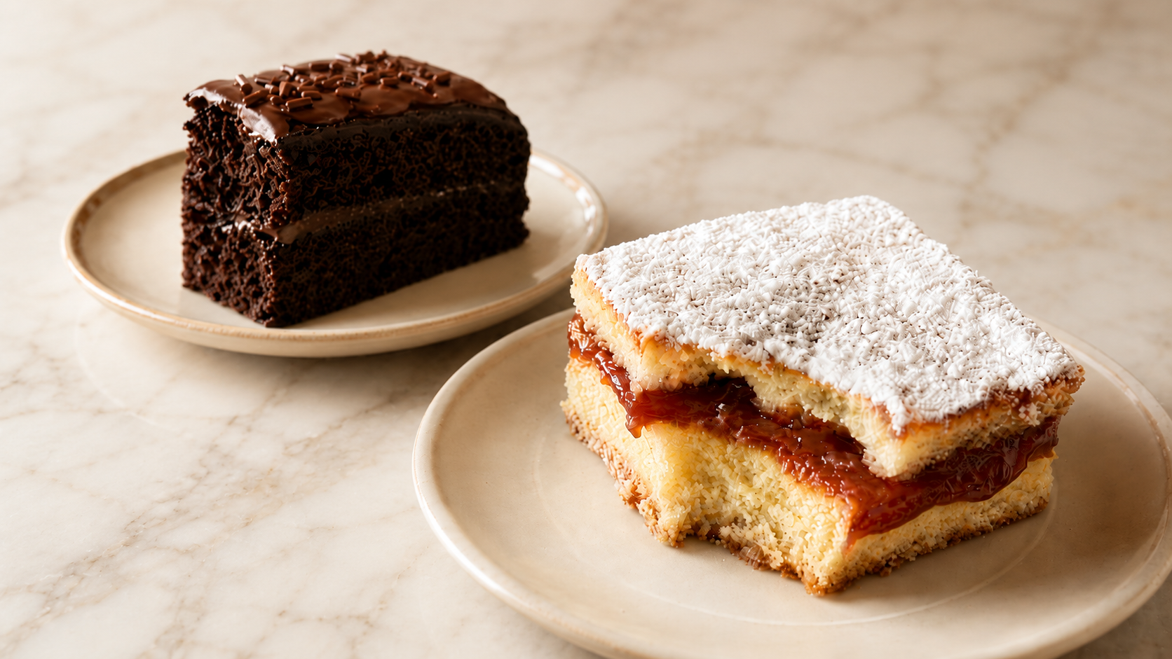 Bizcocho de chocolate y bizcocho con dulce de guayaba en plato